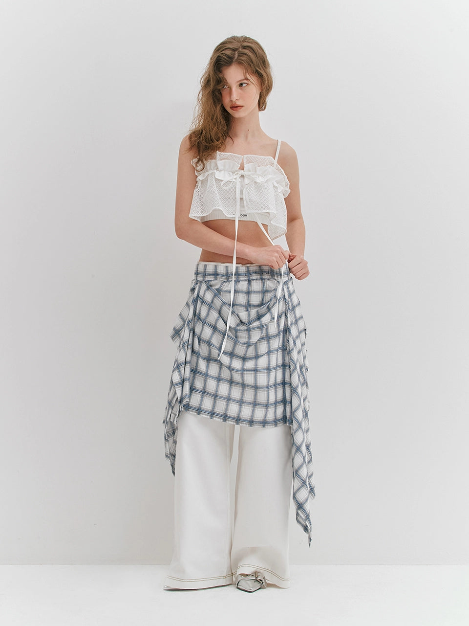 meenderi-ss-25-check-draped-long-skirt-white