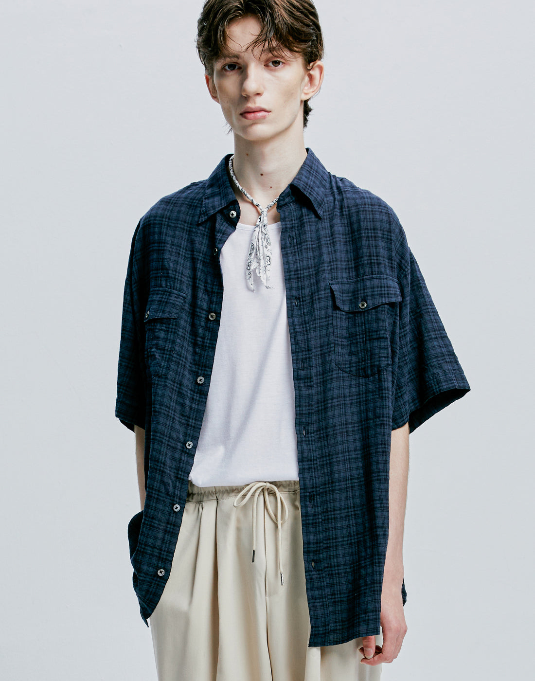 ssy-ss-24-bandana-necklace-set-washed-check-linen-2-pocket-half-shirt-navy